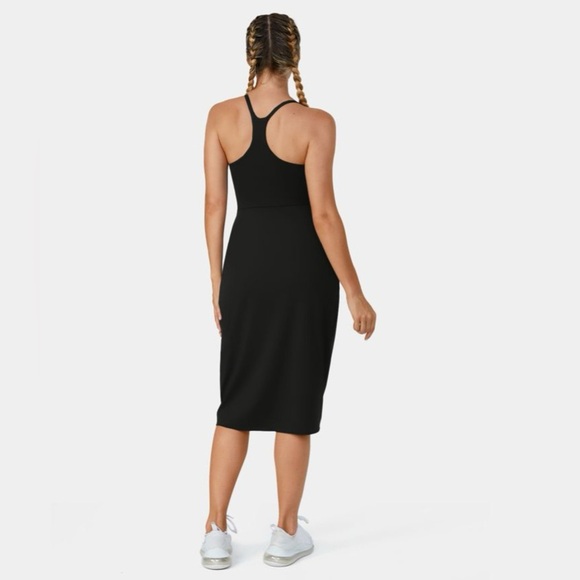 Halara Black Backless Racerback Asymmetric Hem Ruched Midi Dress-No Liner Shorts - Picture 2 of 11